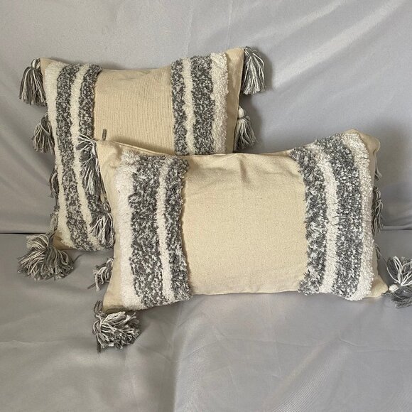 BoHo Farmhouse 2 PcCanvas Yarn Fringe Embellishment Decor Accent Pillow Case Set - Picture 1 of 8